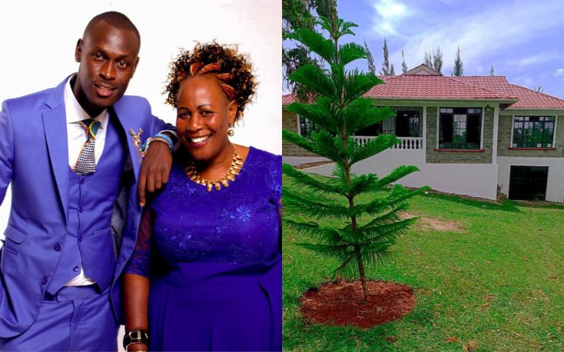 Rapper Kennedy Ombima aka King Kaka and his mother, and inset, the house he has built for her PHOTO: King Kaka, Twitter