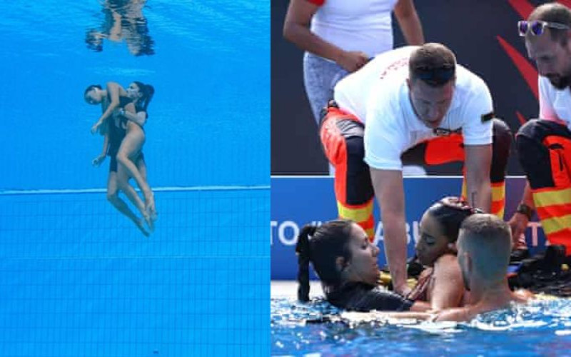 The coach saves the swimmer who was drowning in the pool. PHOTO:Getty Images