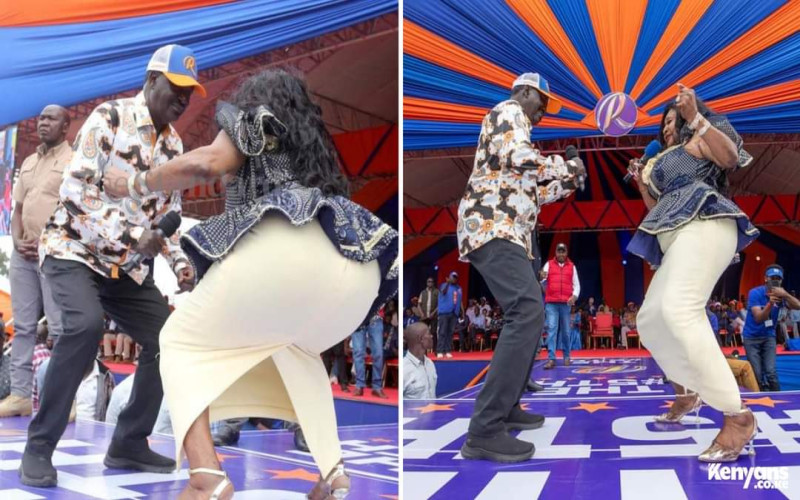 Raila shows off his moves alongside Congolese Songstress M’bilia Bel during Azimio Rally in Kakamega