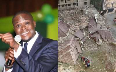 Nairobi Governor Johnson Sakaja and the seven-storey building that collapsed in Seasons Area, Kasarani. PHOTO: The Nation